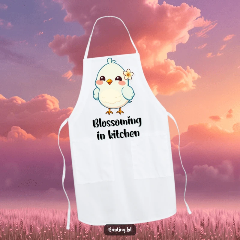 Funny Apron featuring a cheerful bird character with a flower behind its ear, ideal for cooking with a touch of sweet humor.