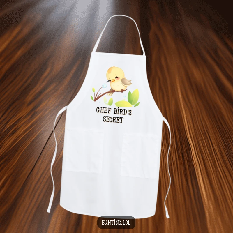 Funny Apron with a cute bunting bird's humorous attempt to peck a dewdrop, bringing a smile to any kitchen task.