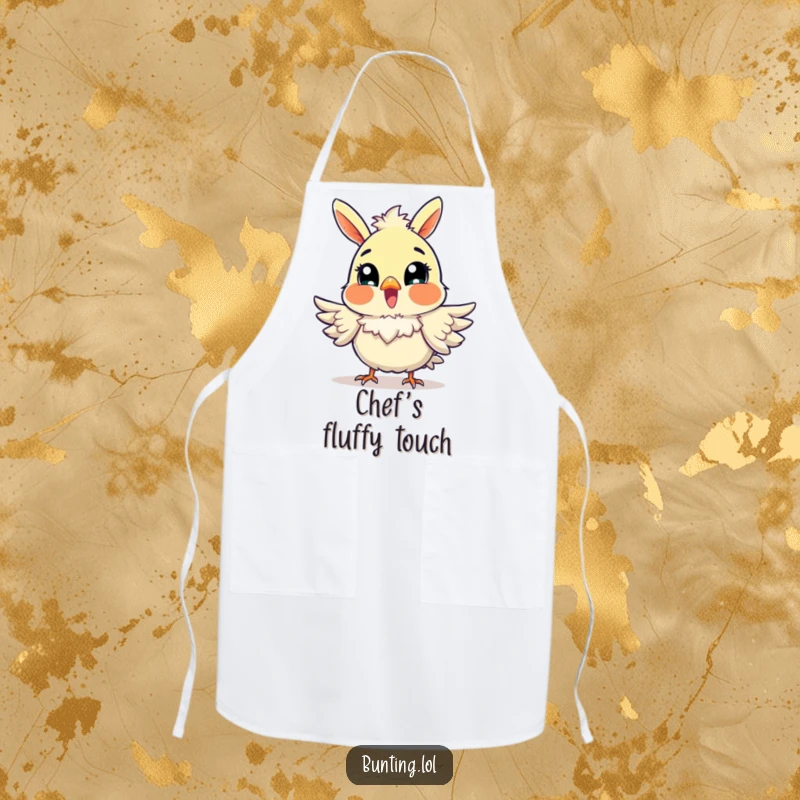 Funny Bunting Apron depicting an excited bird fluffing its feathers, adding a fun and cheerful touch to cooking.