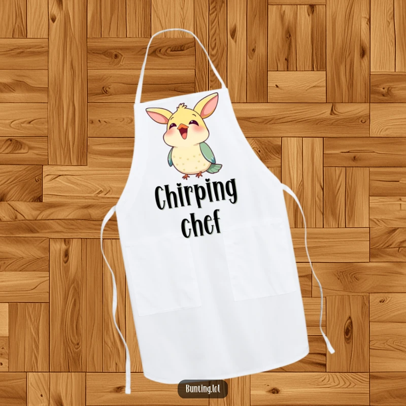 Funny Apron with a cute bunting bird happily chirping with its beak open, perfect for kitchen fun and bird enthusiasts.