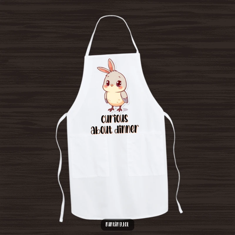 Funny Apron with a cute bunting bird looking curious with its head cocked to the side, perfect for kitchen fun.