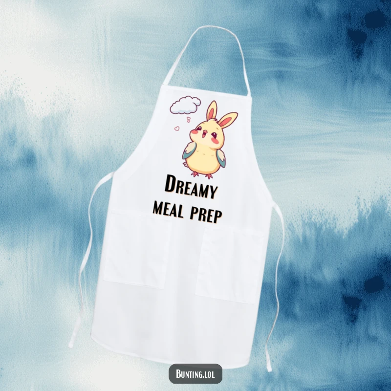 Funny Bunting Apron showing a bird looking up at clouds with delight, adding whimsical humor to cooking tasks.