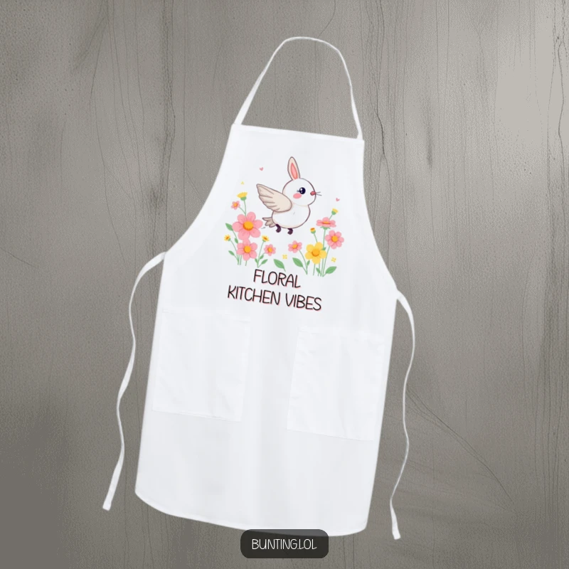 Funny Bunting Apron showcasing a bird zipping through flowers, perfect for kitchen use.