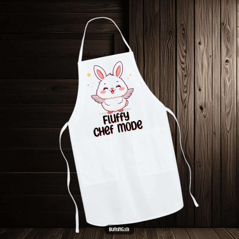 Funny bunting bird apron showing a bunting puffed up with fluffy excitement, designed for enthusiastic kitchen activities.