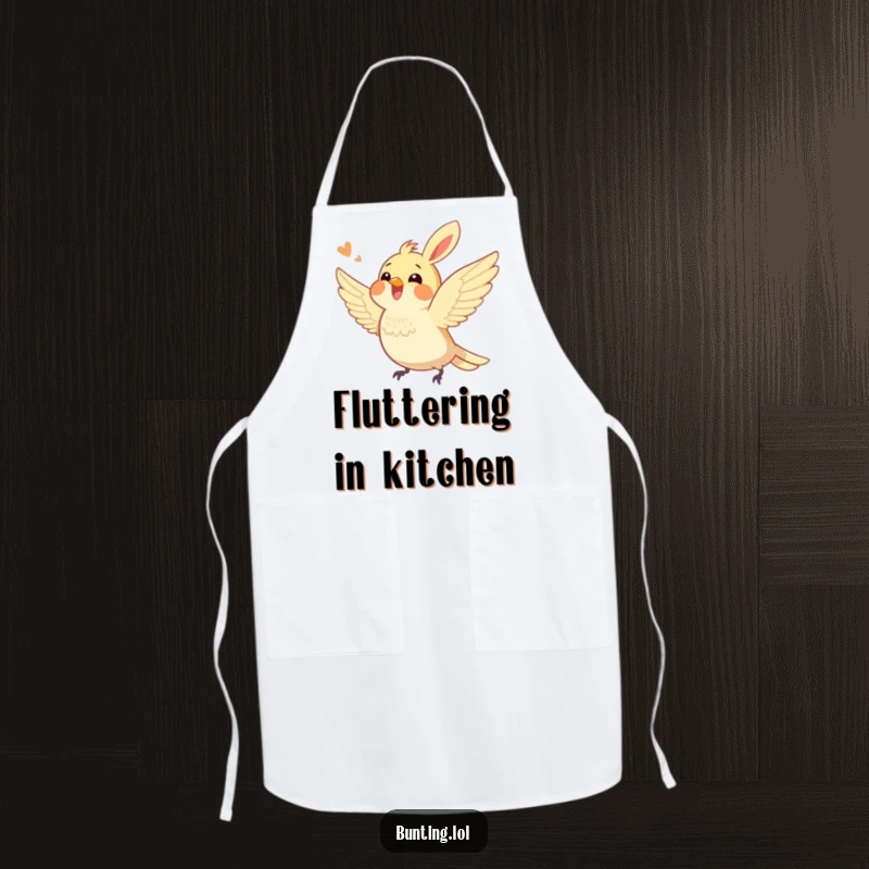 Funny bunting bird apron showing an excited bunting character fluttering its wings, ready to bring humorous energy and a touch of playfulness to the kitchen.