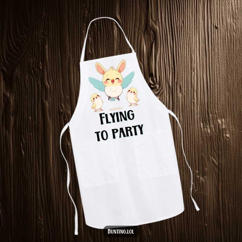 Funny bunting bird joyfully flying towards a group of friends, featured on a functional and welcoming apron.