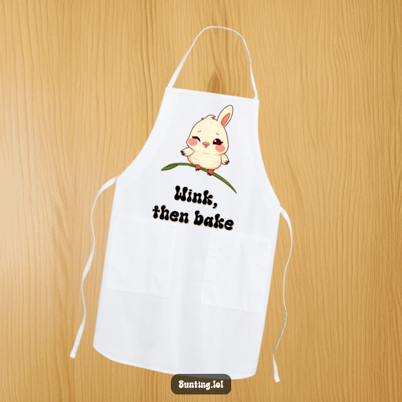 Funny bunting apron showcasing a mischievous bird winking from grass, ideal for cooks who love humor and style.