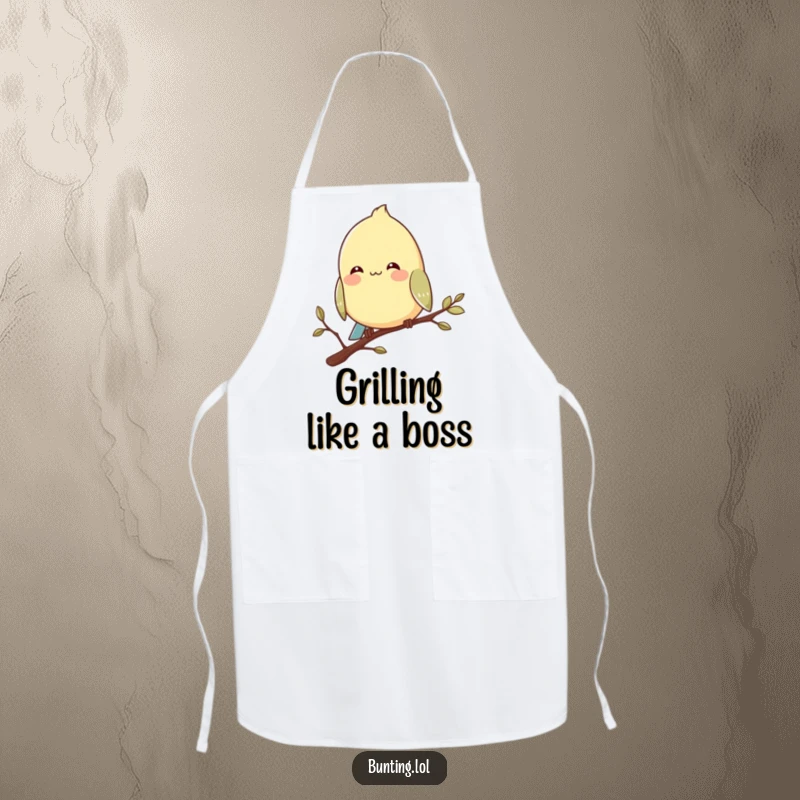 Funny bunting bird apron showing a character perched contentedly on a branch, smiling peacefully, for a calm chef.