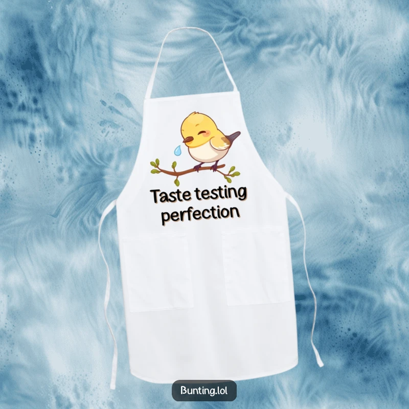 Funny Bunting Apron showing a bird playfully pecking a dewdrop, adding a touch of whimsical humor to cooking.