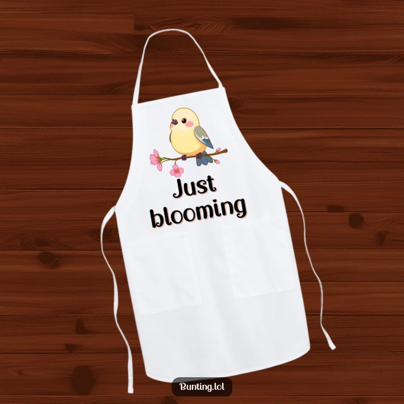 Funny Apron: Bunting bird perching on a delicate flower stem, swaying gently, a humorous and elegant kitchen accessory.