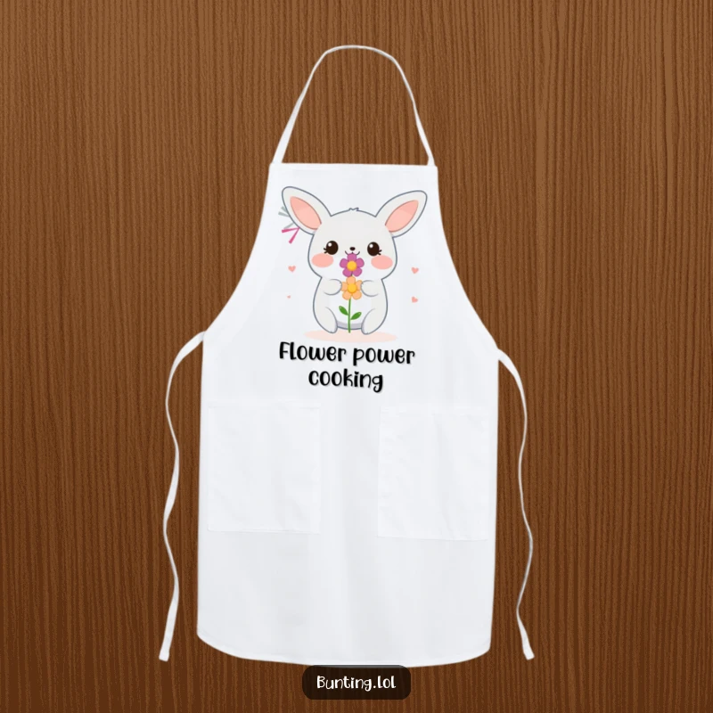 Funny Bunting Apron showing a bird smiling and offering a flower, adding heartwarming humor to cooking tasks.