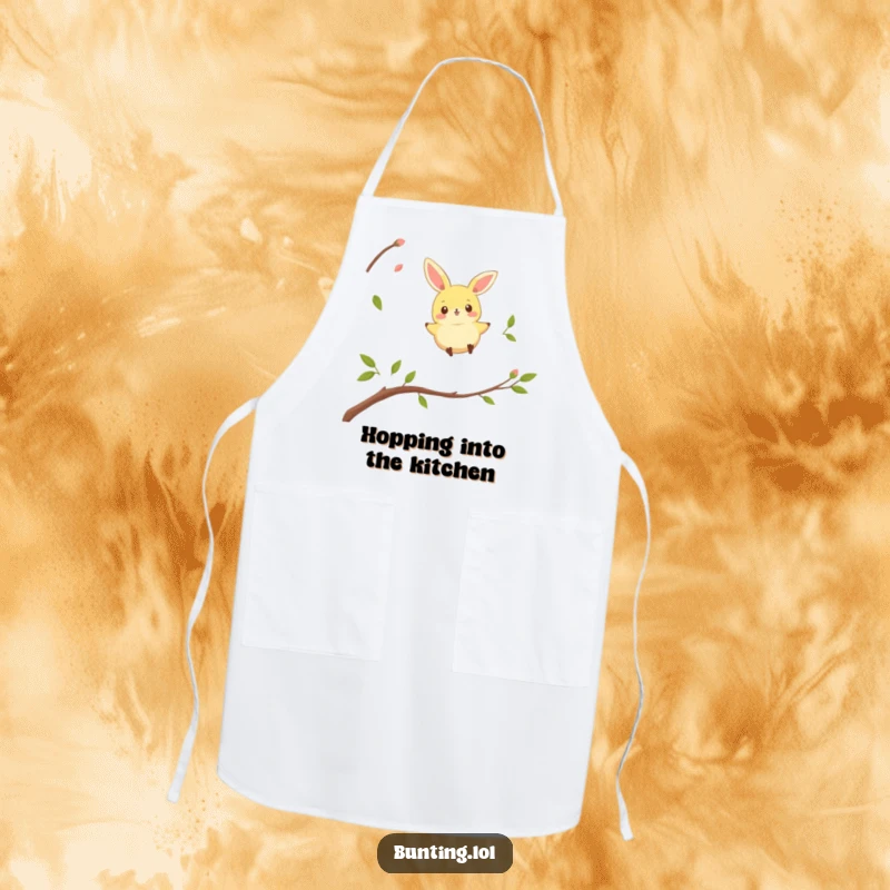 Funny bunting bird apron showing a character playfully hopping between twigs, perfect for a cheerful cook.