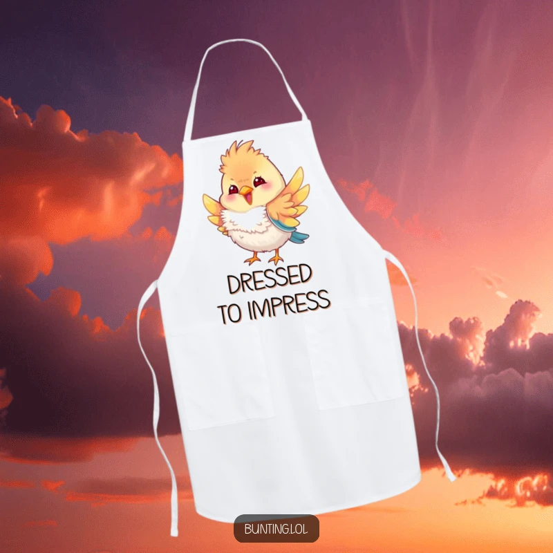 Funny bunting bird apron showing a bunting character playfully fluffing its colorful feathers, ready to add humorous style and a touch of flair to kitchen tasks.