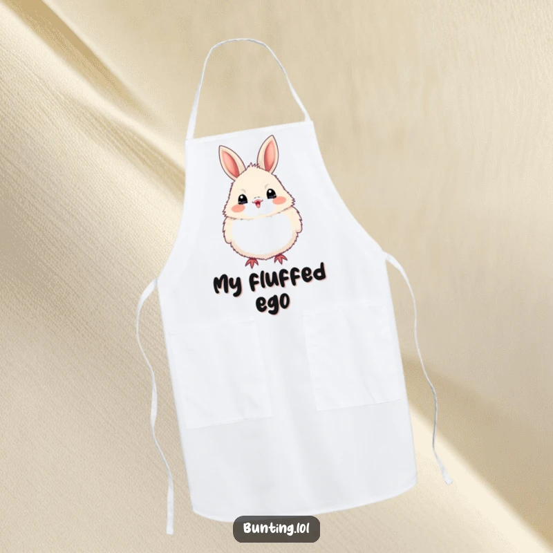 Funny bunting bird apron with a bird puffed up with fluffy excitement, ideal for kitchen use and a humorous, practical funny gift.