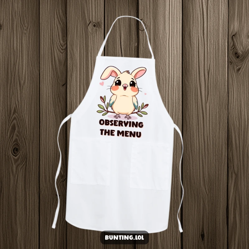 Funny bunting apron featuring a bird tilting its head to observe something new, designed for cooks with a curious spirit.
