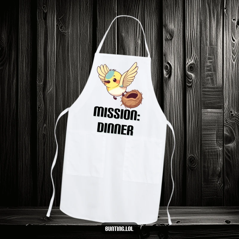 Funny bunting apron featuring a bird with a determined expression flying towards its nest, designed for cooks with focus.