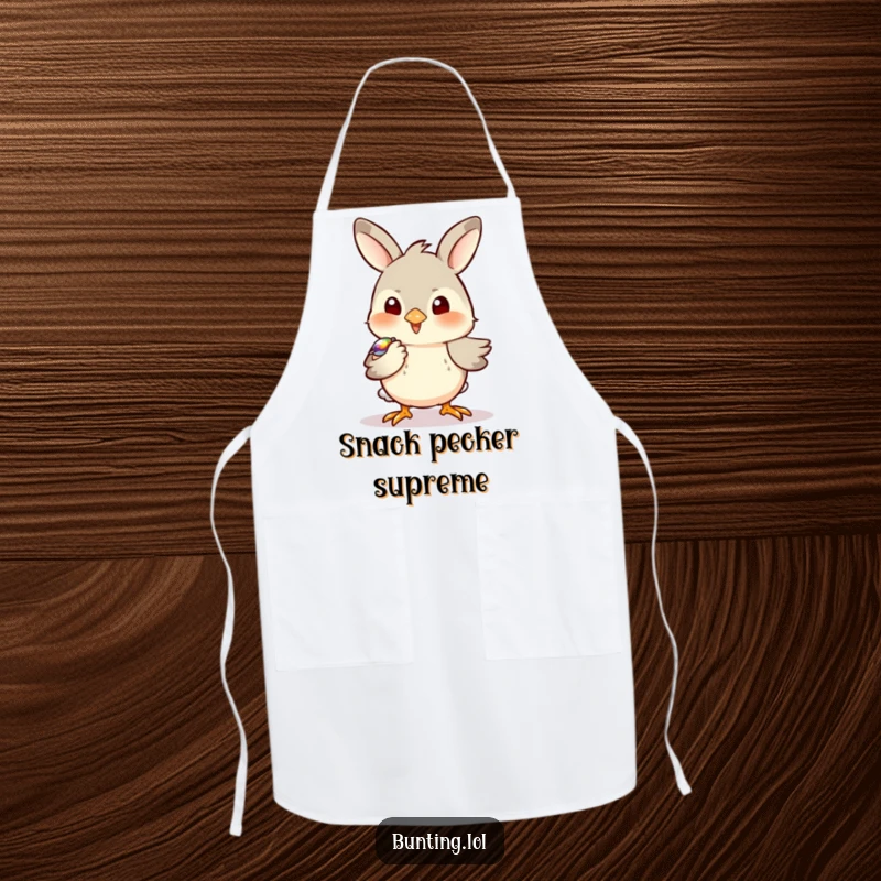 Funny Bunting Apron showing a bird playfully pecking at a shiny object, adding humor and charm to cooking.
