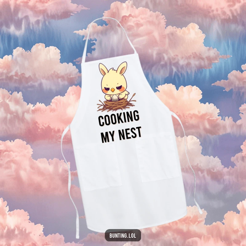Funny bunting apron depicting a determined bird focused on building a nest, ideal for cooks who appreciate humor and dedication.