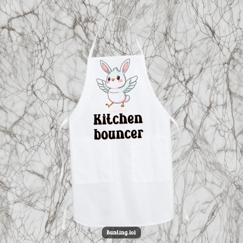 Funny bunting bird energetically hopping with wings spread, featured on a functional and fun kitchen apron.