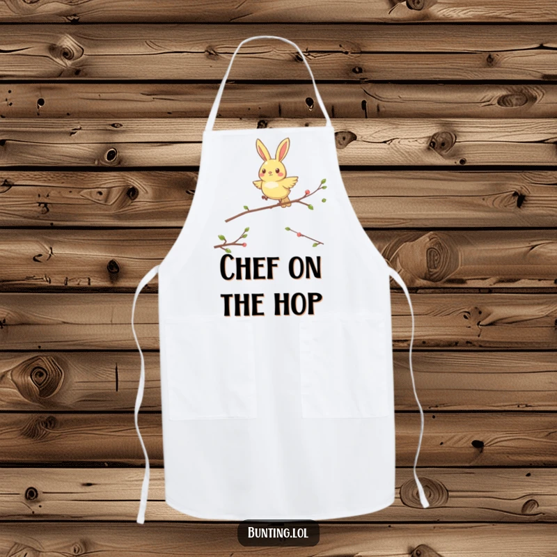 Funny Hopping Bunting Apron: An energetic bunting bird happily hopping between perches while wearing an apron, for funny cooking.