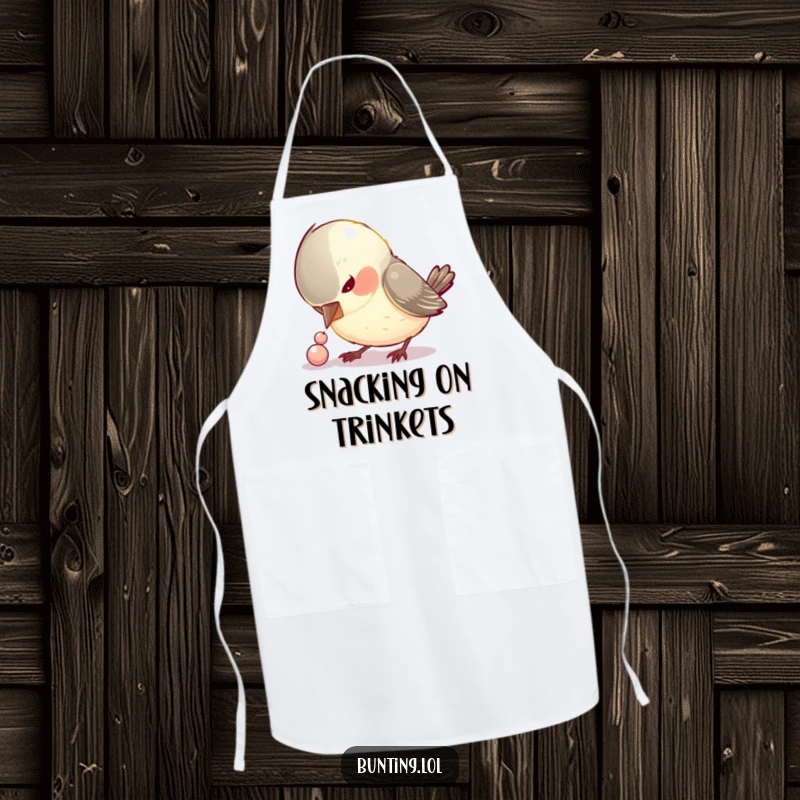 Funny apron showing a curious bird focused on pecking a small, shiny bead, perfect for cooks who appreciate humor.