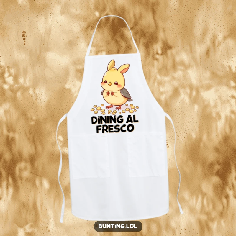 Funny Pecking Bunting Apron: A cute bunting bird is playfully pecking at seeds while wearing an apron, for funny cooking.