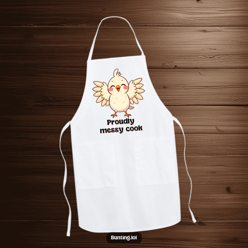 Funny apron showing a delighted bird puffing its feathers with pride, perfect for cooks who enjoy a humorous boost.