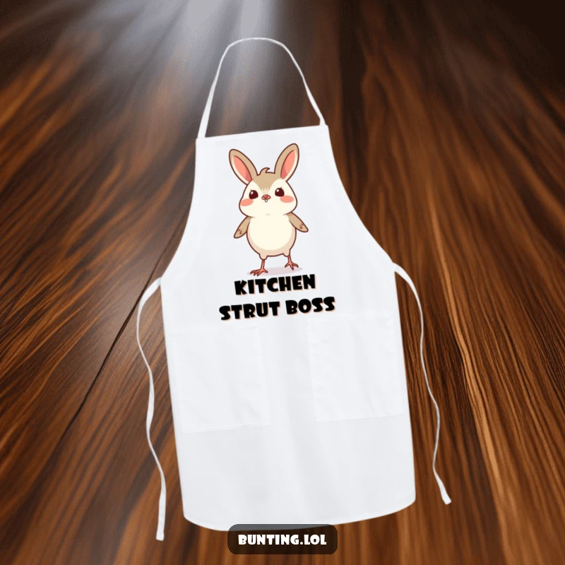 Funny Bunting Apron showing a small bird doing a tiny, proud strut, adding humor and confidence to cooking.