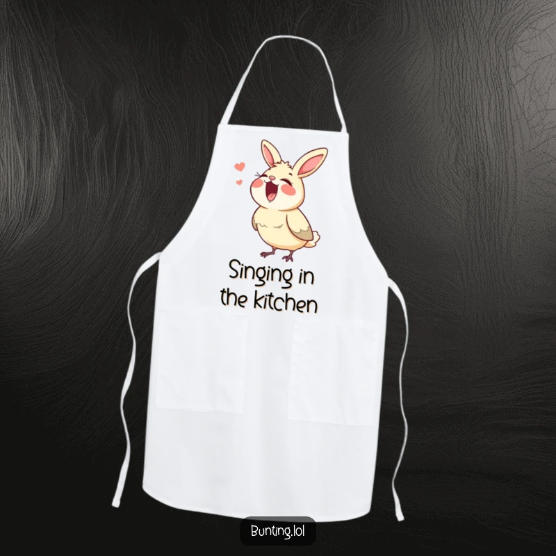 Funny bunting apron, showing a bird singing with its beak wide open, ideal for kitchen protection and musical flair.