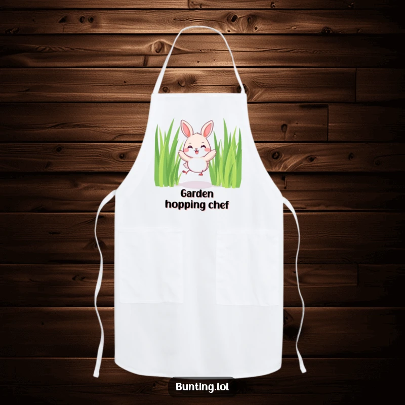 Funny Bunting Apron showing a cute bird joyfully hopping among tall blades of grass, adding humor and happiness to cooking.