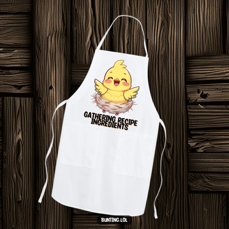 Funny bunting apron featuring a bird gathering nesting material with a joyful expression, designed for cooks who love to create.