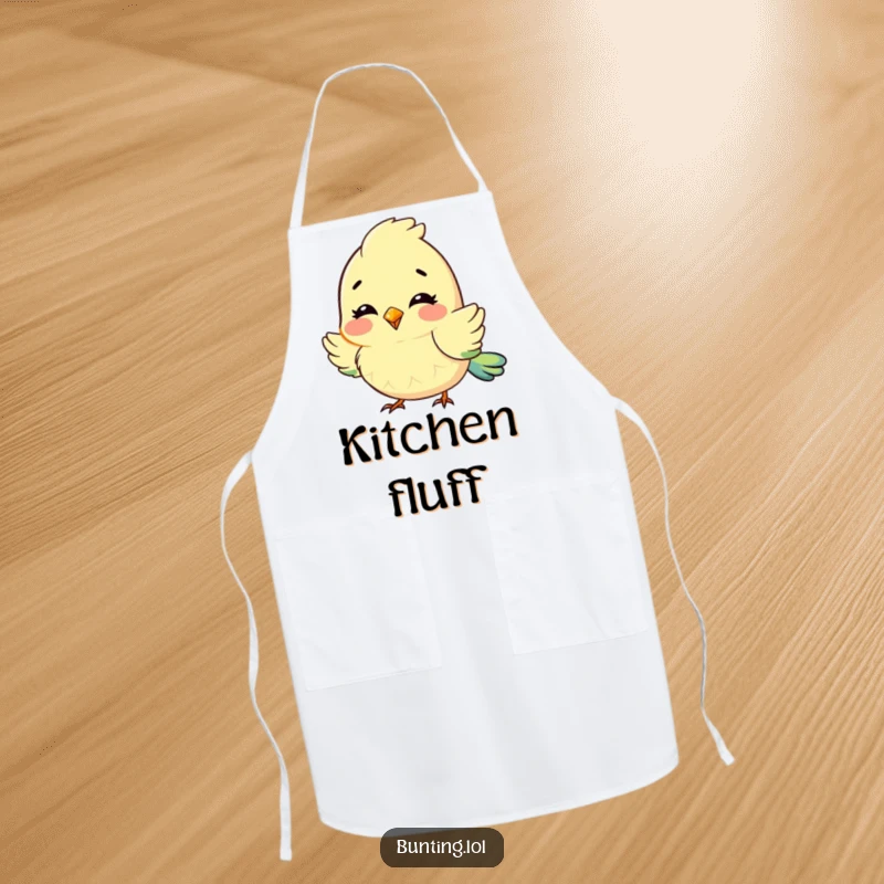Funny Apron with a cute bunting character fluffing its feathers with delight, adding a charming touch to cooking.