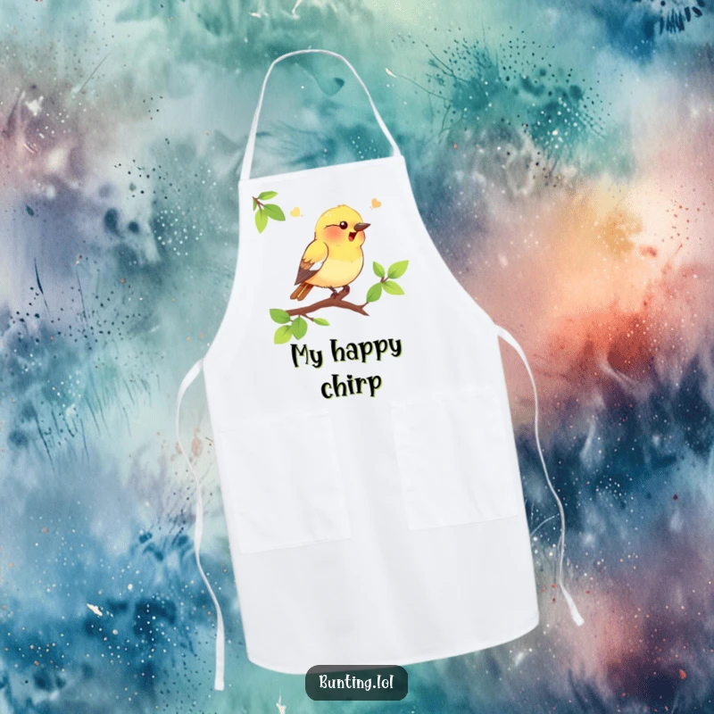 Funny bunting bird apron with a cheerful bird on a branch, ideal for kitchen use and a humorous, practical funny gift.