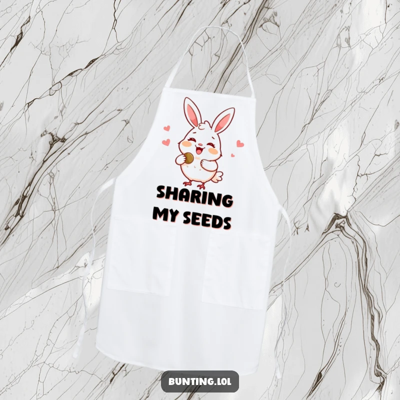 Funny bunting apron depicting a delighted bird smiling and sharing a seed, ideal for cooks who love humor and kindness.