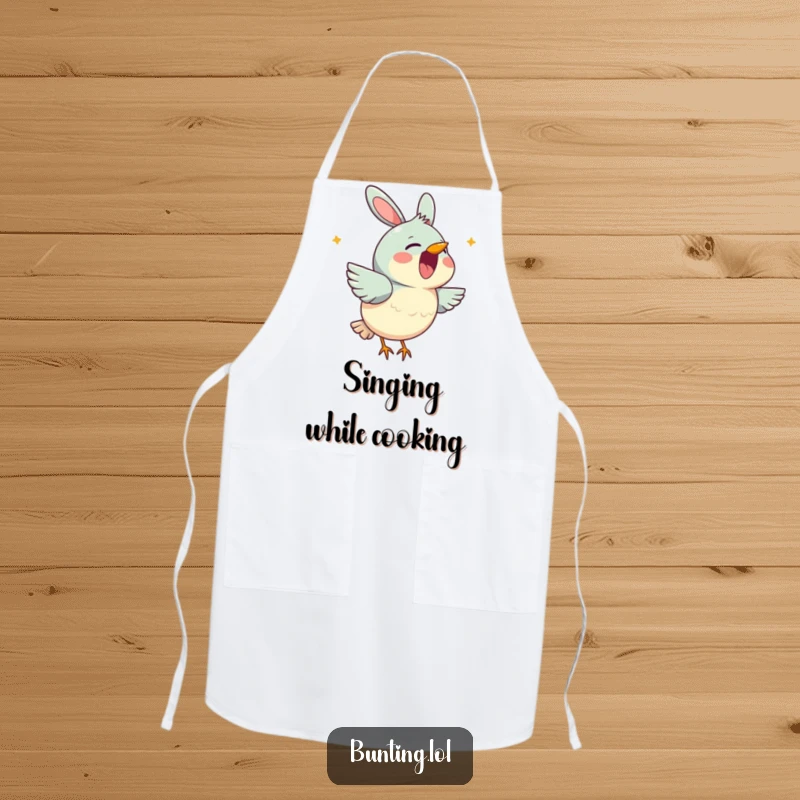 Funny bunting apron featuring a cute bird character cheerfully singing with its beak open, designed for cooks who love music.