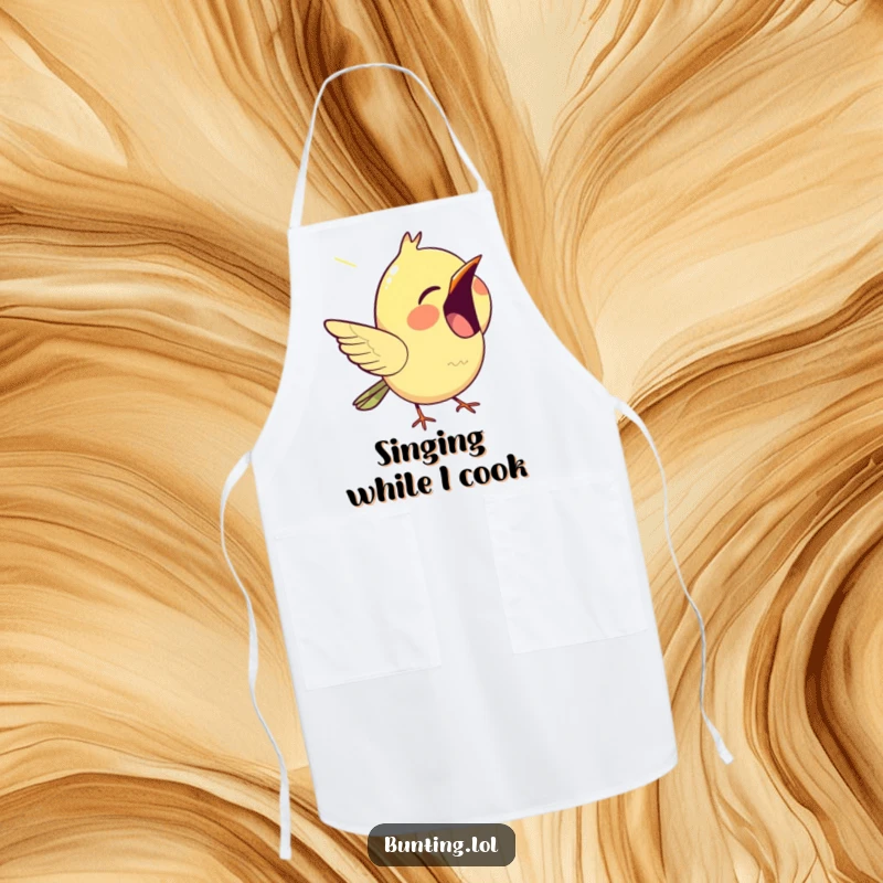 Funny bunting apron, showing a happy bird chirping enthusiastically, ideal for kitchen protection and culinary joy.