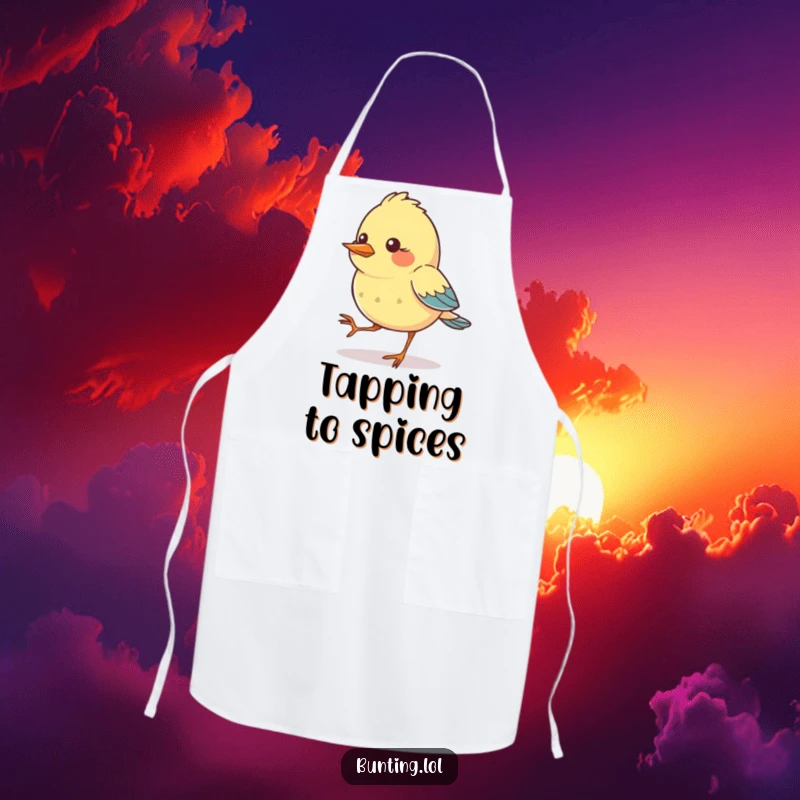 Funny Apron showcasing a bunting bird character with feet comically tapping in rhythm, bringing a playful, musical energy to cooking.