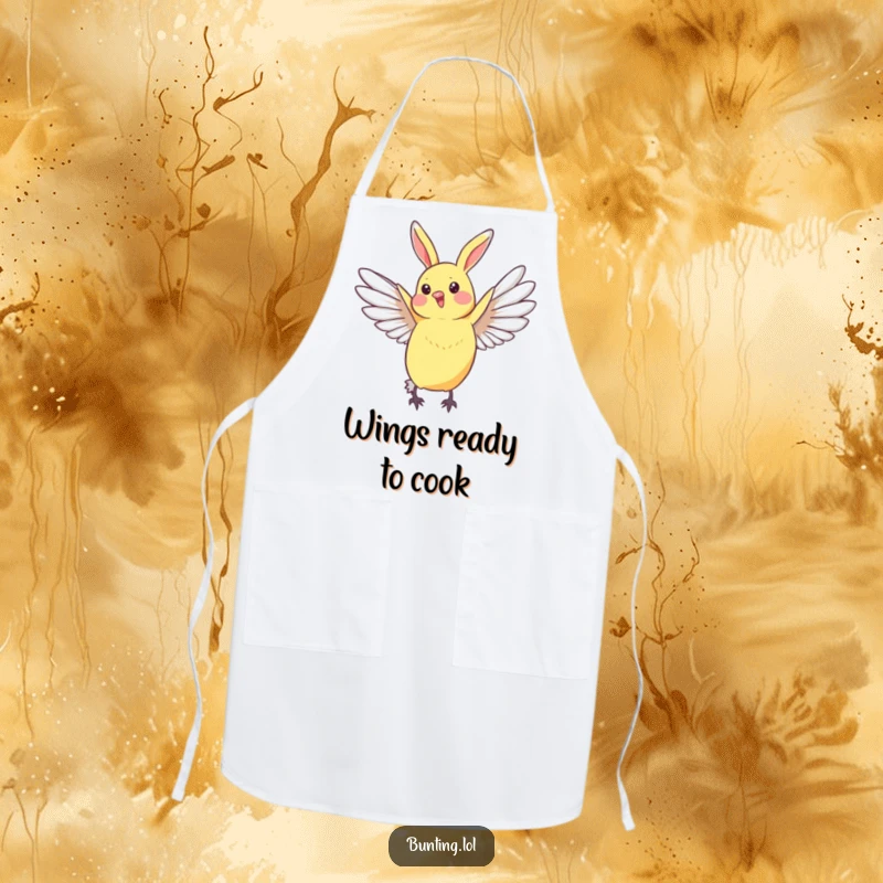 Funny Bunting Apron showing a bird stretching its wings in a graceful arc, adding elegant humor to kitchen tasks.