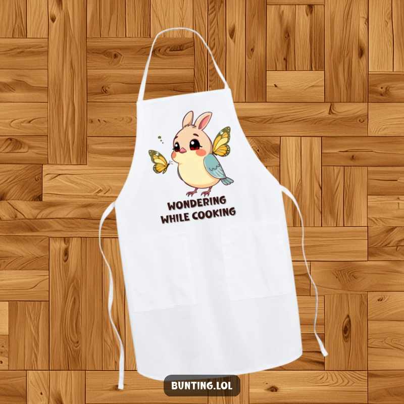 Funny bunting apron depicting a curious bird tilting its head at a butterfly, ideal for cooks who love humor and exploration.