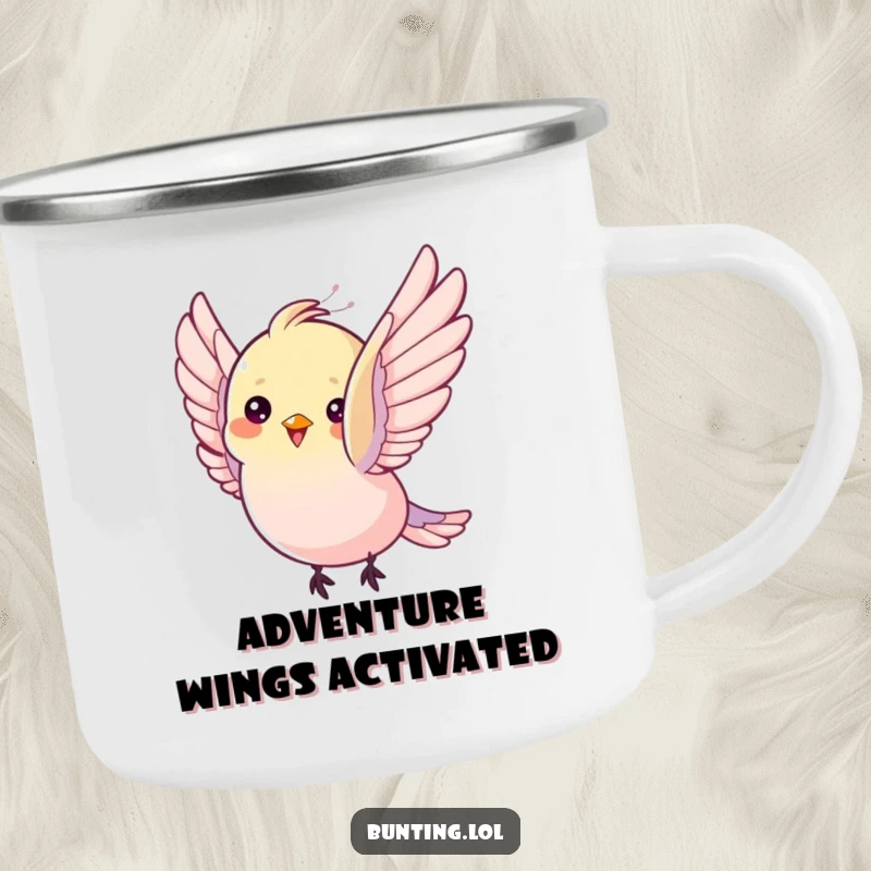 Funny Camping Mug: Bunting bird flutters its wings with pure delight, perfect for humorous outdoor enjoyment.
