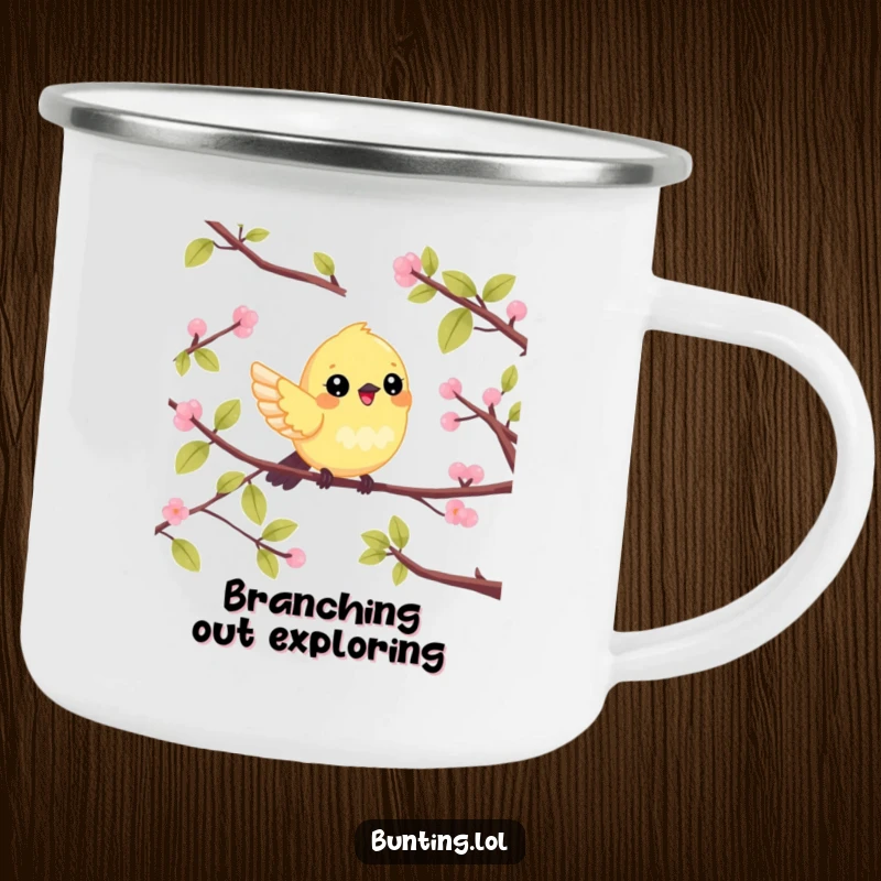 Funny Camping Mug showcasing a cute bunting bird cheerfully flitting between branches, perfect for rugged outdoor use.