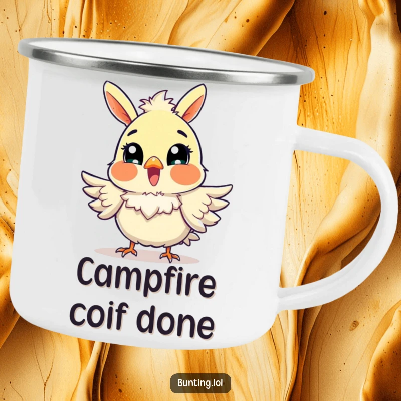 Funny Bunting Camping Mug showing an excited bird fluffing its feathers, perfect for outdoor fun and humor.