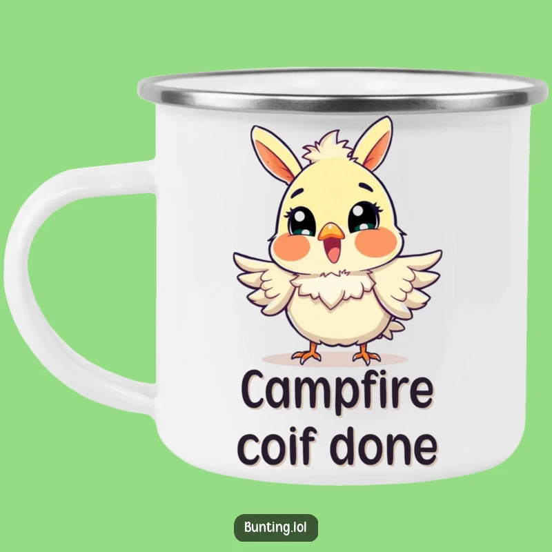 Funny Excited Bunting Camping Mug: Enjoy Joy with Fluffy Feathers Outdoors - Funny Gift!