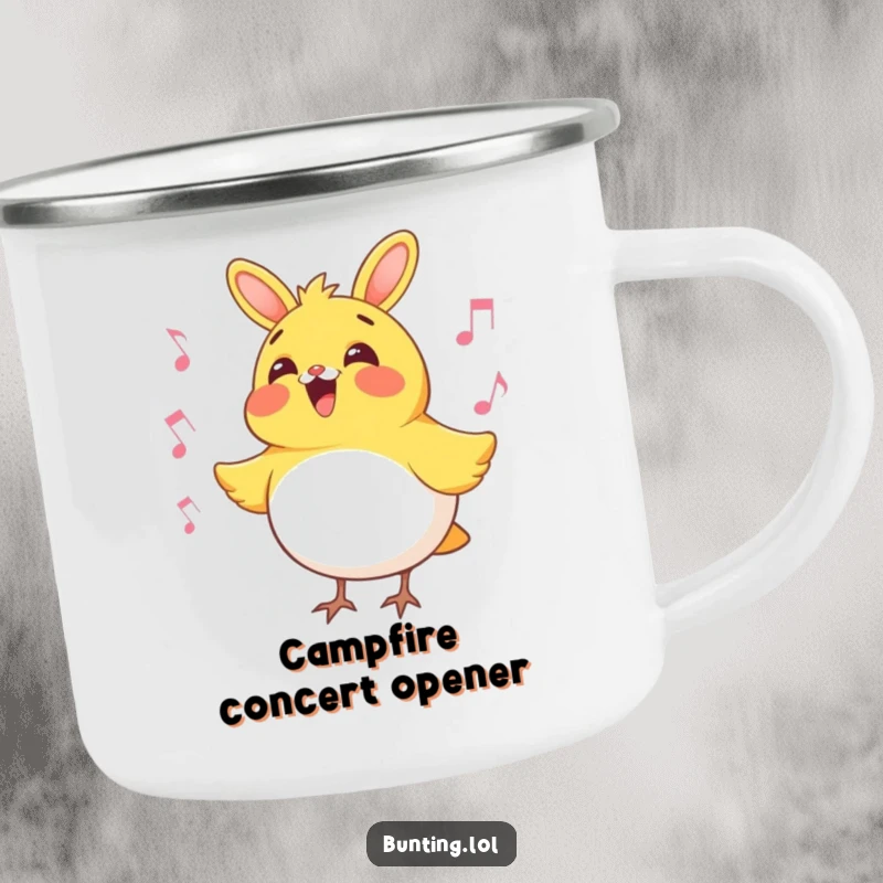 Funny bunting bird camping mug illustrating a happy bunting character singing, perfect for enjoying beverages in the great outdoors with a humorous melody.