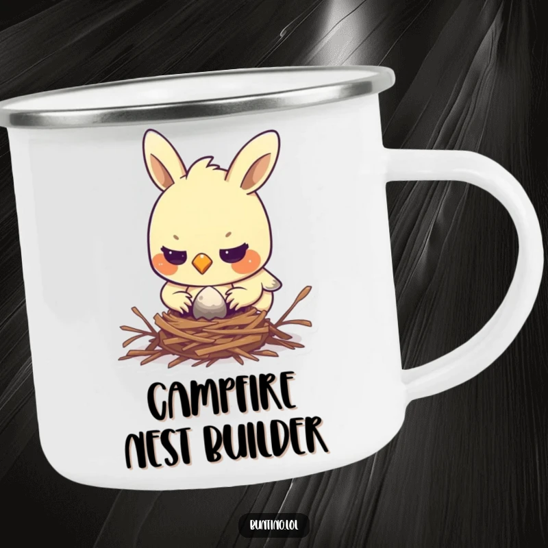 Funny bunting camping mug with a determined bird focused on building its nest, perfect for outdoor adventurers who value focus.
