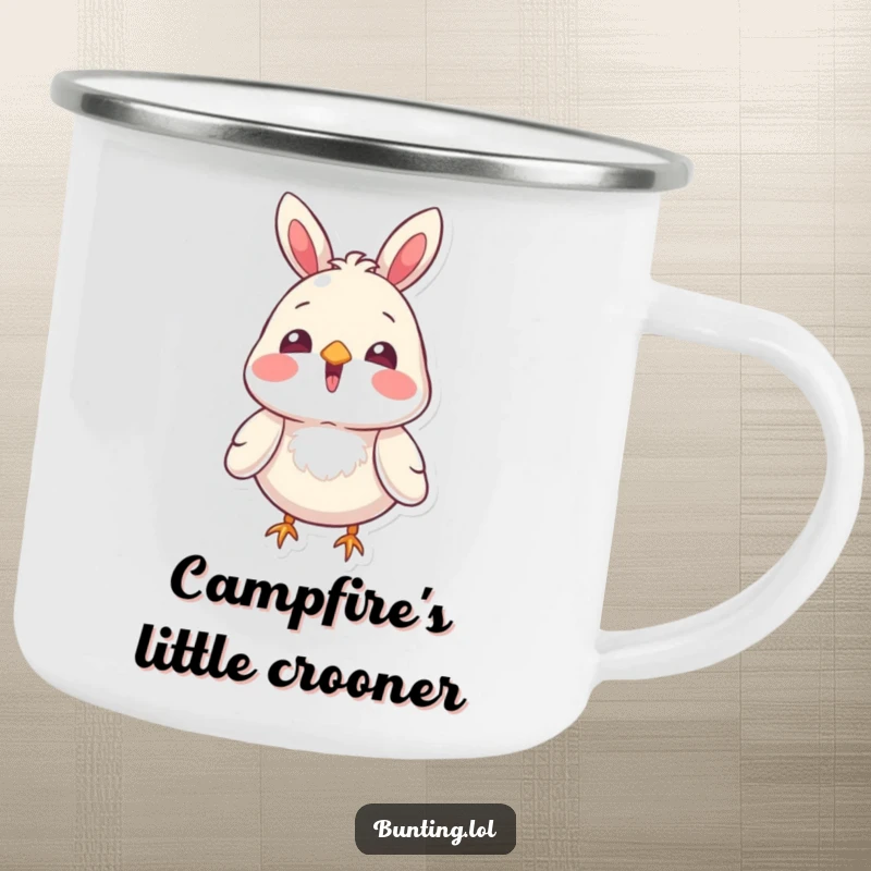 Funny bunting bird character singing with its beak open on a sturdy camping mug, ideal for enjoying nature and camp songs.