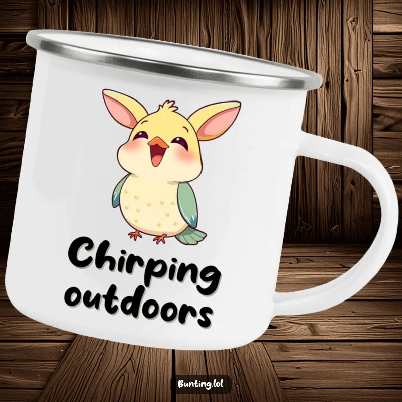 Funny Camping Mug showcasing a cute bunting bird happily chirping with its beak open, perfect for rugged outdoor use.