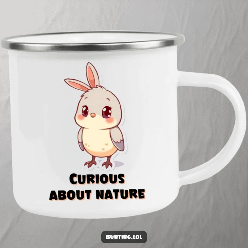 Funny Camping Mug showcasing a cute bunting bird looking curious with its head cocked to the side, perfect for outdoor use.