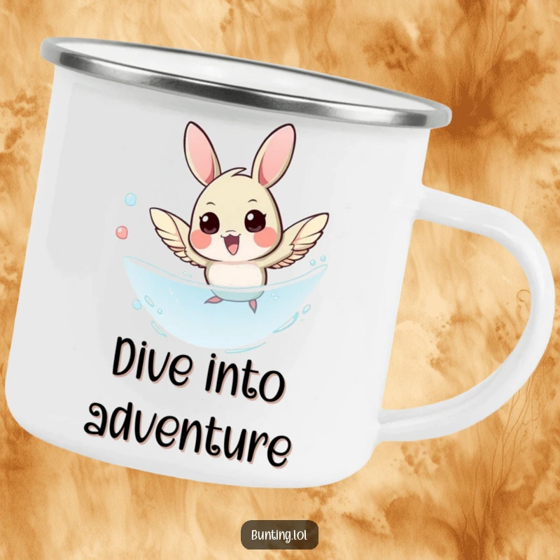 Funny Bunting Camping Mug showing a bird in a swift, agile dive, ideal for outdoor adventures and humor.