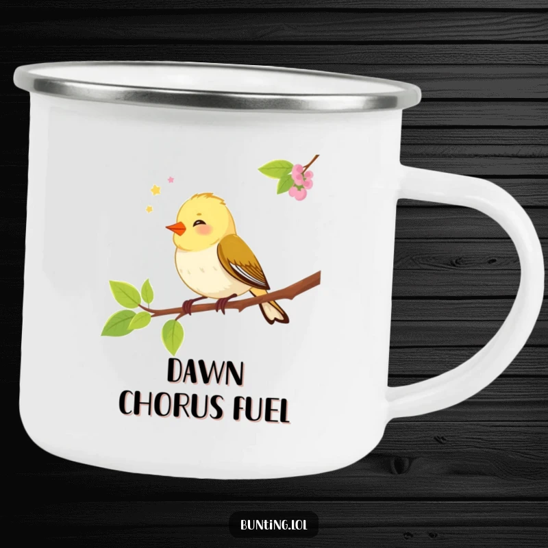 Funny bunting bird camping mug featuring a songbird chirping merrily on a branch, built for outdoor enjoyment.